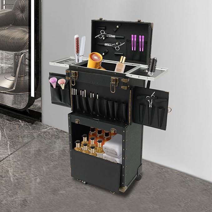 QUEWATSA Rolling Makeup Case Large Storage Cosmetic Trolley, Rolling Lockable Makeup Train Case, Stylist Beauty Salon Cosmetic Luggage Travel Organizer Tool Box with Hair Dryer Holder (Black)