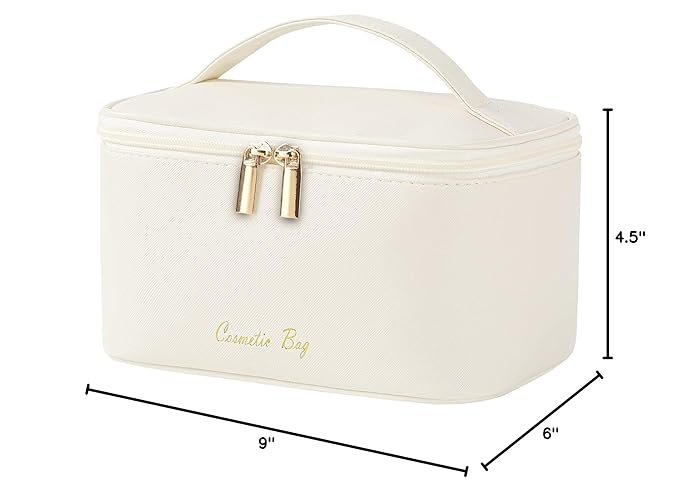 Meiyuuo Travel Makeup Bag for Women, PU Leather Cosmetic Bag, Beige