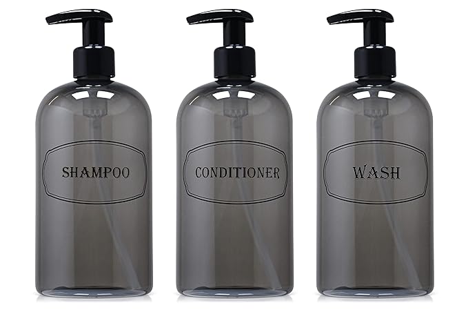 Bottiful Home-16 oz Shampoo, Conditioner, Wash Refillable Empty Plastic Pump Bottle Dispenser Set (Gray)