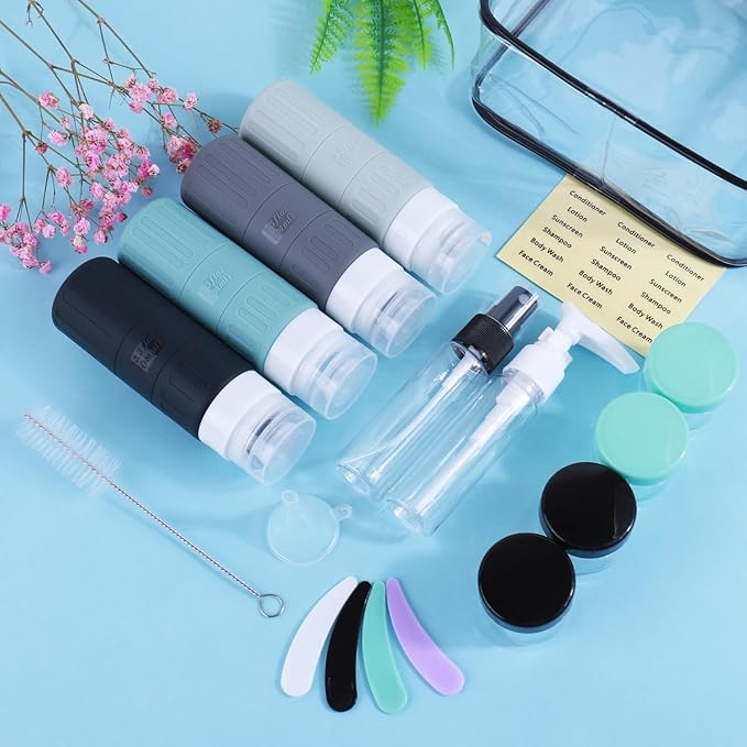 GLAMFIELDS Travel Bottles for Toiletries,TSA Approved 3.3oz Size LeakProof Silicone Toiletry Containers for Shampoo, Conditioner,Easy to Squeeze，Portable Travel Essentials for Lotion(18 Pack) Gray