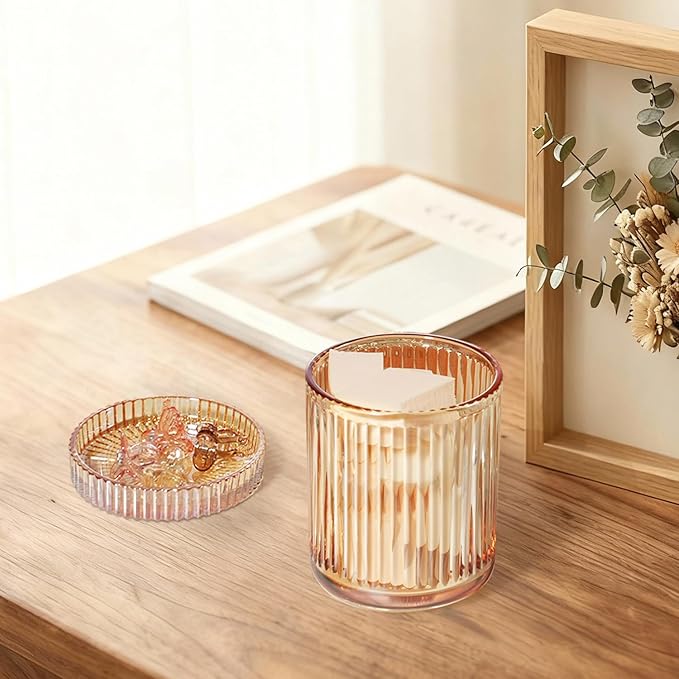 SheeChung Glass Qtip Holder Dispenser, 4-Pack Glass Apothecary Jars - Vintage Sunburst Bathroom Organizer Set - Cotton Swab Ball Pad Storage - Bathroom Accessories Decor（Amber）