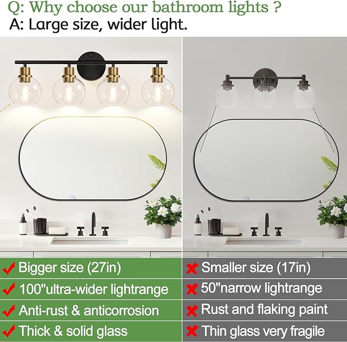 4-Light Bathroom Light Fixtures, Black and Gold Bathroom Lights Over Mirror with Clear Glass Globe Shade, Vanity Lights for Bathroom Kitchen Living Room Hallway Cabinet Bedroom Porch