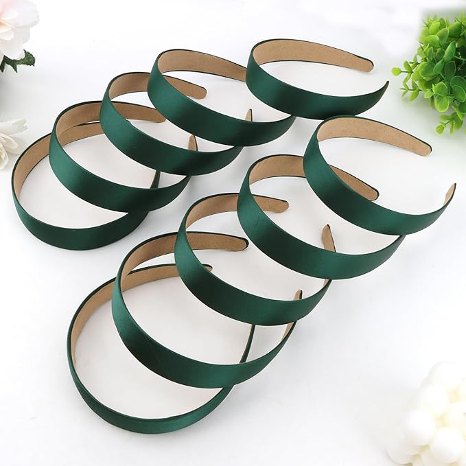 Wecoe 10 Pack Dark Green Headbands 1 Inch Wide Satin Headbands Women Non Slip Fashion Plain Head Bands Solid Hair Bands DIY St. Patrick's Day Hair Accessories for Women Girls Diademas Para Mujer