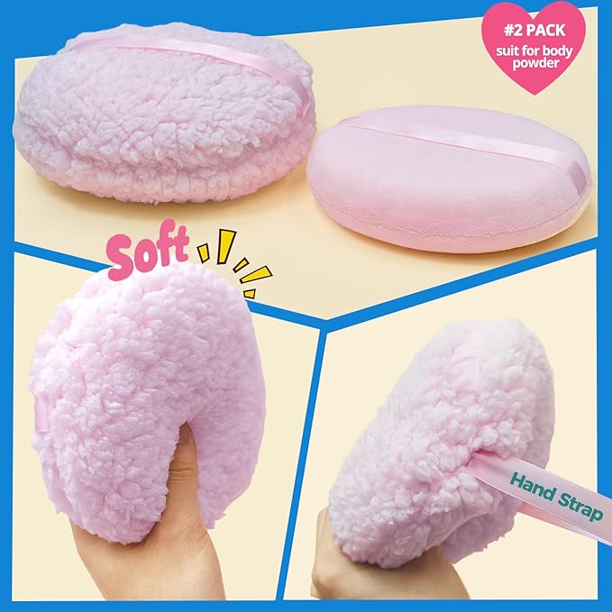 2pcs Powder Puffs, 6'' Body Powder Puff and 5'' Dusting Powder Puff and Container, Extra Large, Fluffy Soft, Washable, Reusable