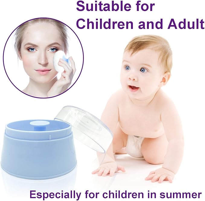 BPA Free Baby Powder Puff Box, Large 2.8" Fluffy Body After-Bath Powder Case, Baby Care Face/Body Villus Powder Puff Container, Makeup Cosmetic Talcum Powder Container with Hand Holder (Blue)