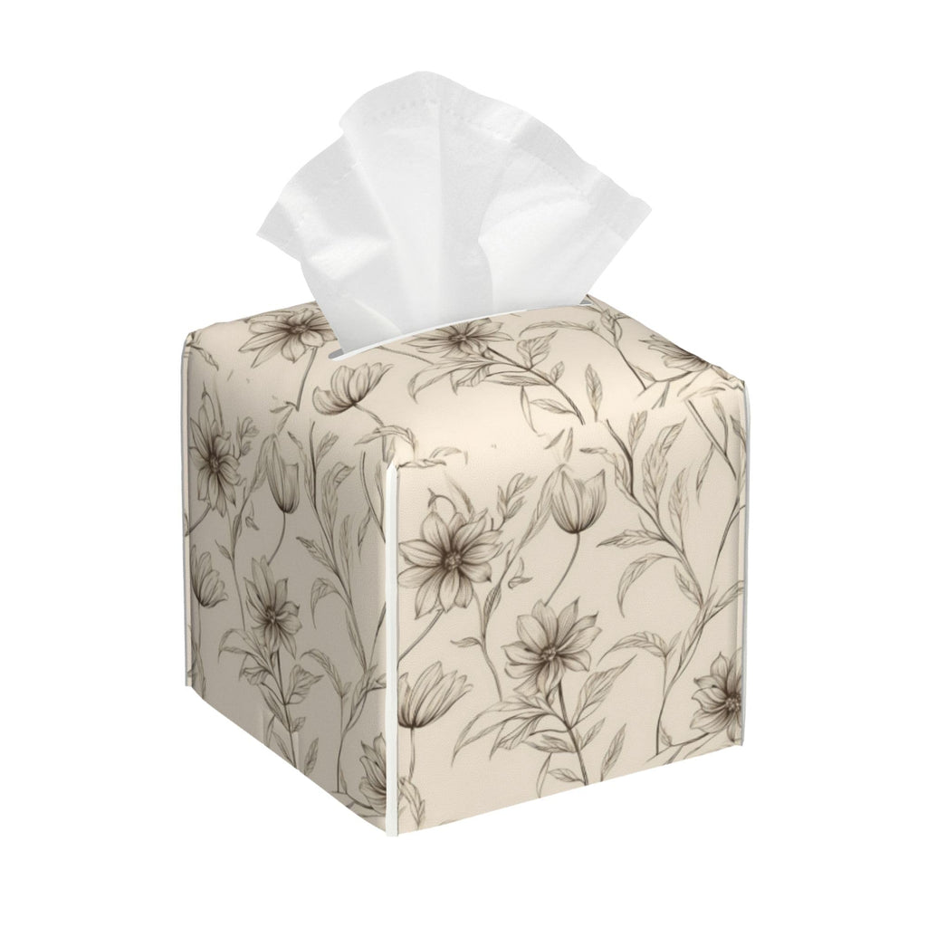 Boho Minimalist Flowers Tissue Box Cover Square, Abstract Line Floral Tissue Box Holder Waterproof Leather Facial Paper Organizer Dispenser for Bathroom Home Car Nightstand Vanity Desk