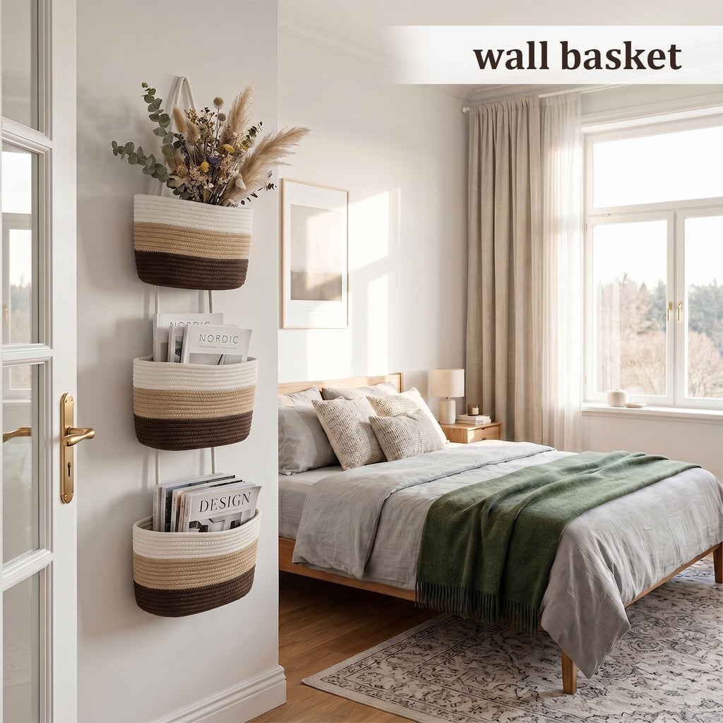 TeoKJ Over the Door Hanging Basket, 3-Tier Woven Cotton Wall-Mounted Storage Organizer Bag Decorative Hanging Nursery Baskets，Gradient Brown