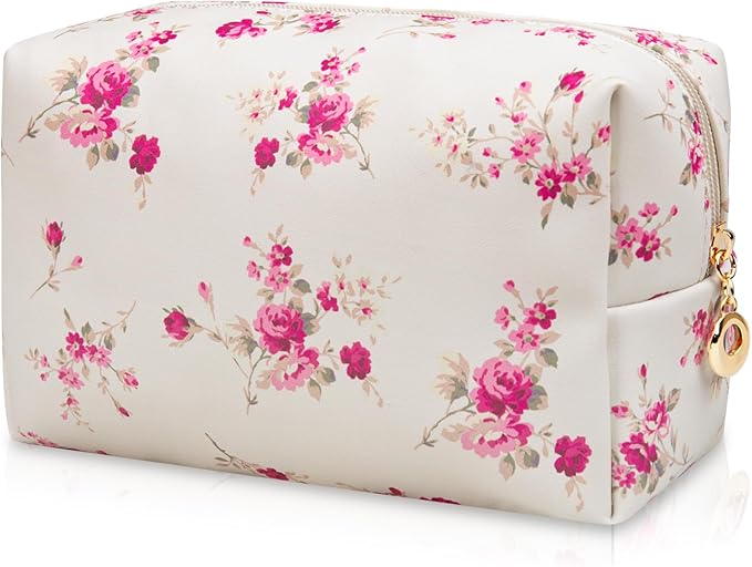 Gosect Floral Waterproof Makeup Bag, Leather Cosmetic Bag with Compartments, Zipper Make up Pouch Organizer, Portable Storage Travel Toiletry Bag Gifts for Women Girls(Rose Red Flower)