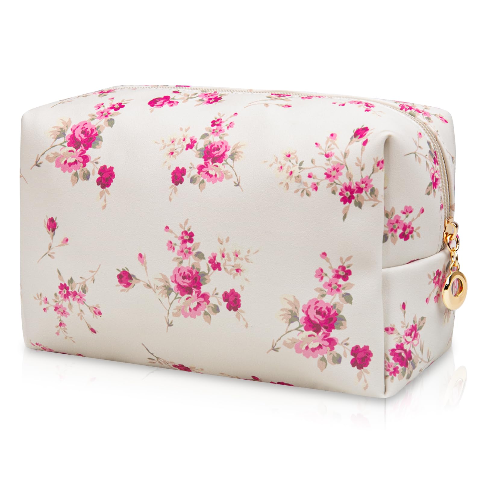 Gosect Floral Waterproof Makeup Bag, Leather Cosmetic Bag with Compartments, Zipper Make up Pouch Organizer, Portable Storage Travel Toiletry Bag Gifts for Women Girls(Rose Red Flower)