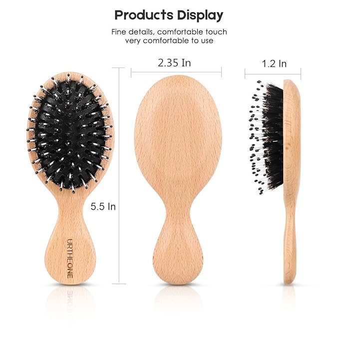 2Pcs Hair Brush Mini Boar Bristle Hairbrush for Thick Curly Thin Long Short Wet or Dry Hair Detangle Massage Add Shine, Pocket Travel Small Paddle Hair Brush for Men Women Kids