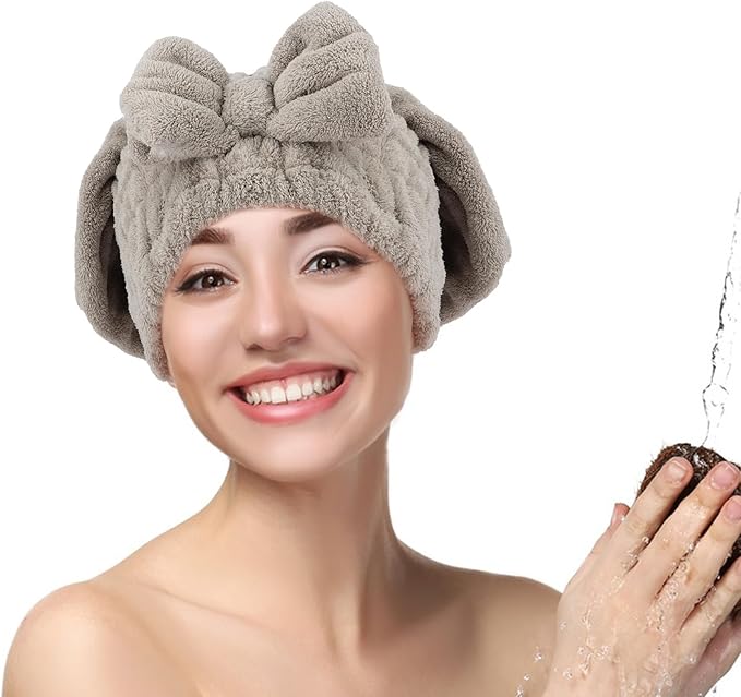 KEUKORZ 2PCS Microfiber Hair Drying Caps Hair Towel Cap Extra Soft and Ultra Absorbent Fast-Drying Hair Turban Wraps Gift for Women and Girls(Grey and White)