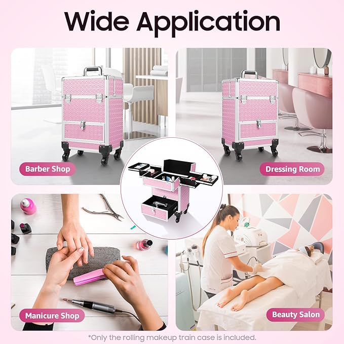 GUEYYSAN Rolling Makeup Case, Nail Storage Box with Wheels Portable Makeup Trolley for Beauty Studio Hairdressers Nail Technician (Pink)