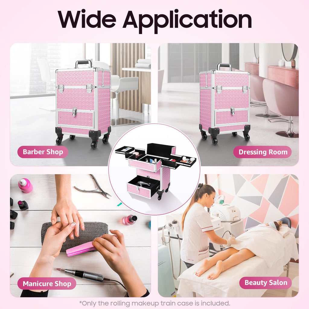Fronimo Pink Rolling Makeup Case with 4 Trays and Large Drawer Nail Travel Case on Wheels for Professional Stylists Portable Beauty Organizer