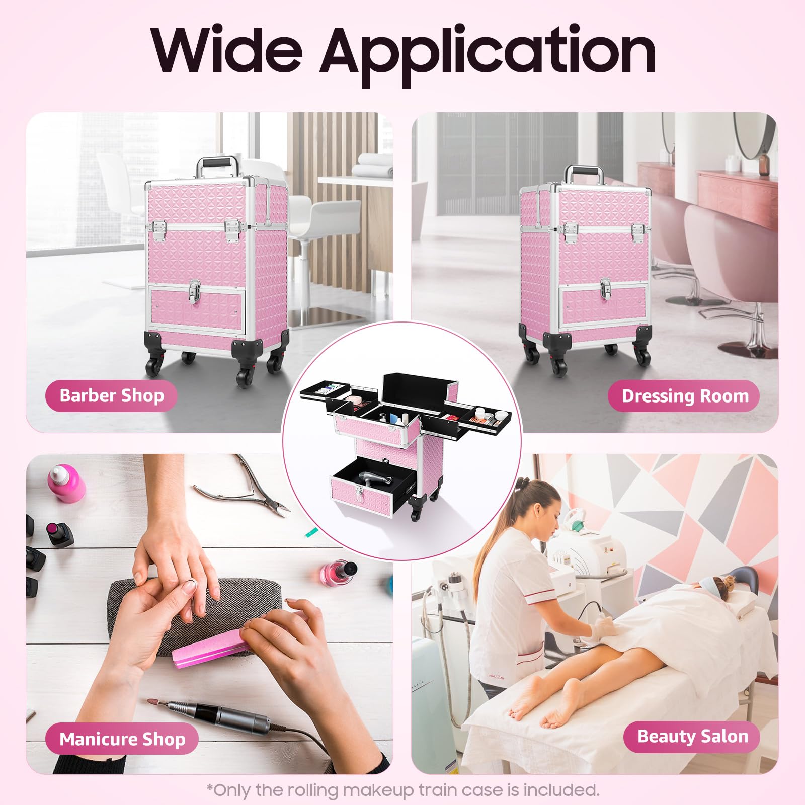 Fronimo Pink Rolling Makeup Case with 4 Trays and Large Drawer Nail Travel Case on Wheels for Professional Stylists Portable Beauty Organizer