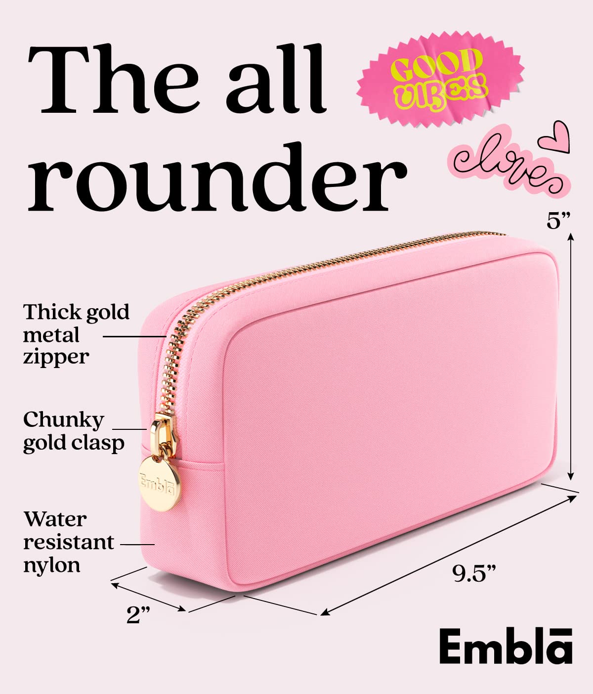 Embla Makeup Bag Travel Cosmetics Pouch and Toiletry Bag, Nylon Zipper Pouch Purse, Cute Make Up Organizer Storage Tote for Women Girls, Travel Skincare Case, Small Makeup Bags, Flamingo Pink