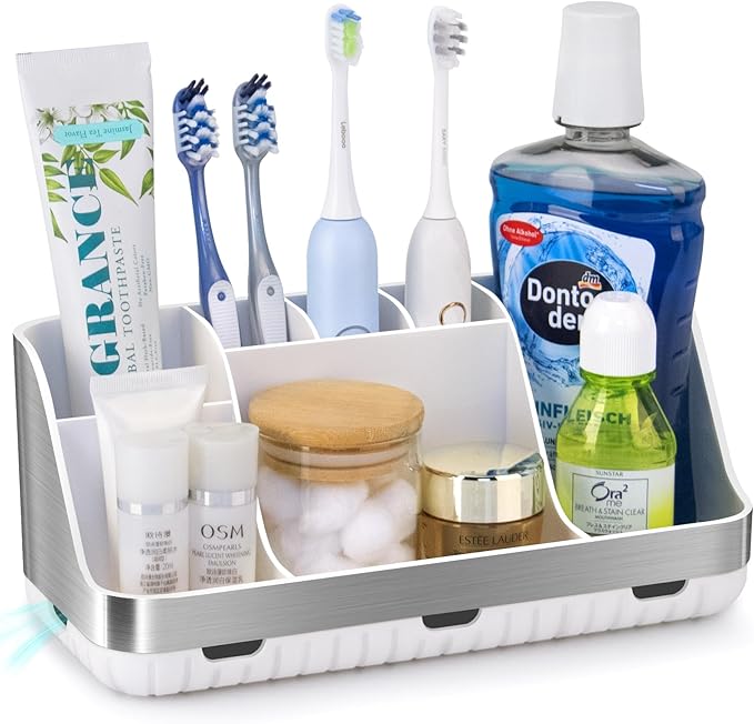GFWARE Bathroom Toothbrush Holder Set with 2 Pack Qtip Holder Dispenser - 7 Slots Kids Bathroom Accessory Sets with Drainage, Q Tip Holder for Bathroom Sink Counter Accessories Set