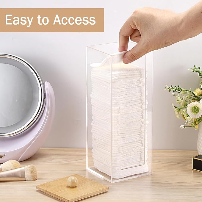 GUSHBIN Acrylic Clean Pad Storage Box Vertical Cotton Pads Holder Square Makeup Pad Dispenser with Lid Clear Bathroom Countertop Vanity Organizer