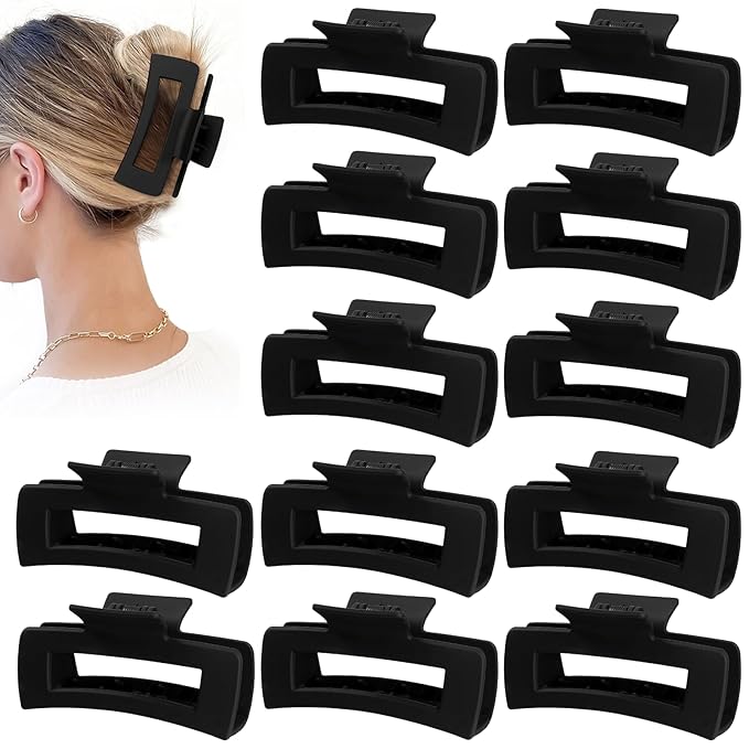 Sisiaipu 4.1 Inch Large Hair Claw Clips 12 Pcs Big Claw for Thick Hair Square Hair Clips Jumbo Jaw Clips Bulk Hair Accessories for women and Girls (Black)