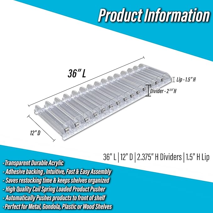 STORE FIXTURES DIRECT Auto Feed Shelf Product Pusher Kit, Adjustable Pushing System for 36" L x 12" D Shelves, 10 Pack - [140 Shelf Pushers + 150 Dividers]