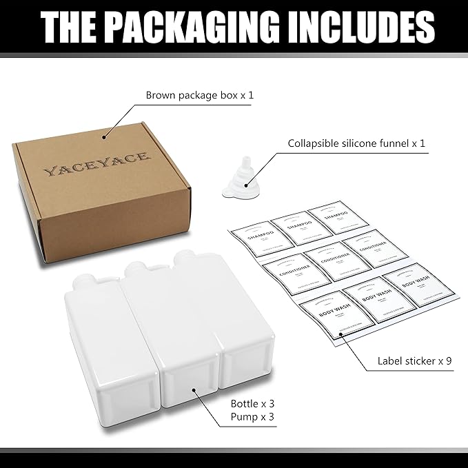YACEYACE Shower Dispenser Set, 3 White Refillable Bottles, 22oz Large, Shampoo, Conditioner, Body Wash