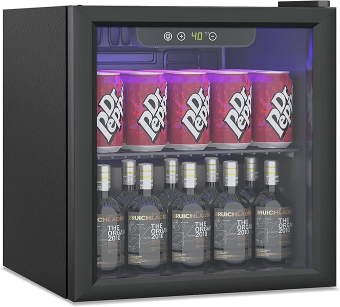 Erivess 1.3 Cubic Feet Mini Fridge, 60 Can Freestanding Beverage Refrigerator with Glass Front Door for Soda, Beer Under Counter Small Refrigerator with Adjustable Shelves and Digital Display(Black)
