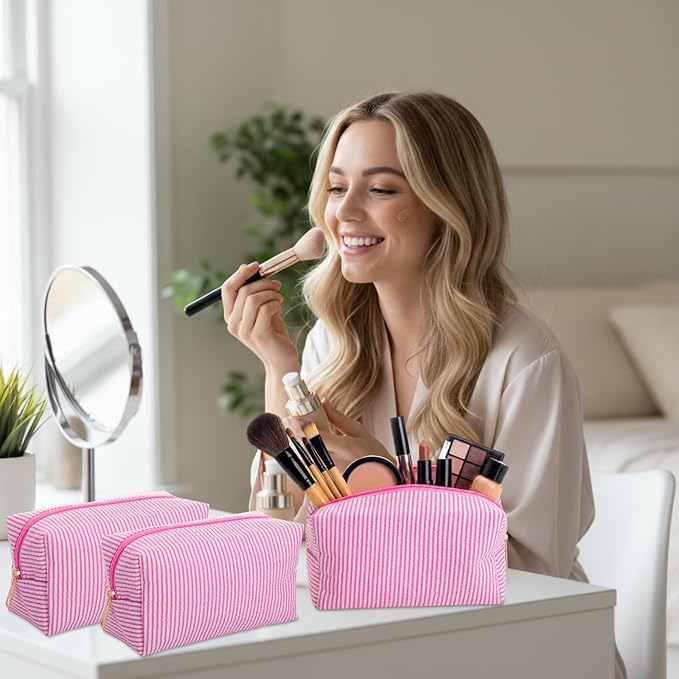 Sanwuta 12 Pcs Seersucker Cosmetic Bags Bulk Seersucker Makeup Bags Stripe Women Pouch Large Preppy Storage Pouch Toiletry Travel for Wedding Bridesmaid Bride Favor Back to Teacher Gift (Pink)