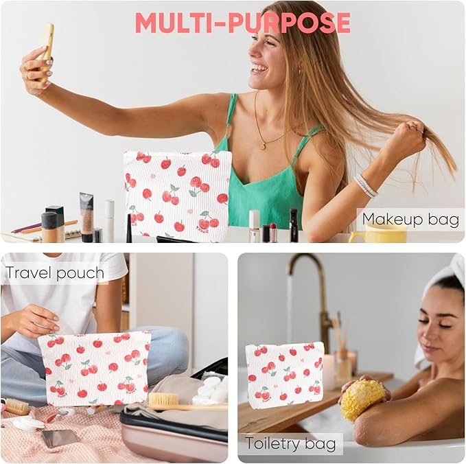 Ksriylm Cute Makeup Pouch for Women Cherry Small Make Up Bag for Purse Zipper Initial Cosmetic Bags Pouches for Purse Aesthetic Travel Toiletrybags, Red Cherries