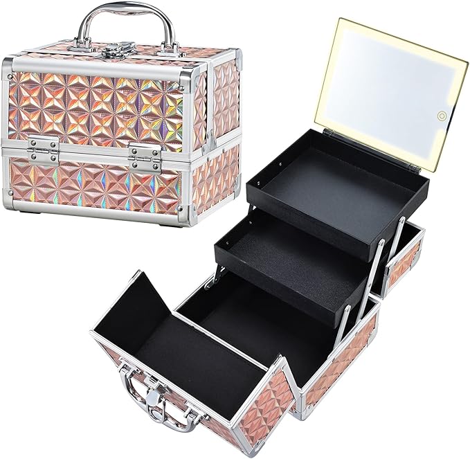Faquenc Makeup Case with Lighted Mirror - Shiny Gold Hard Makeup Train Case with 3-Color LED Mirror, Portable Makeup Organizer Box for Women & Travel, Aluminum Cosmetic Case with Lock