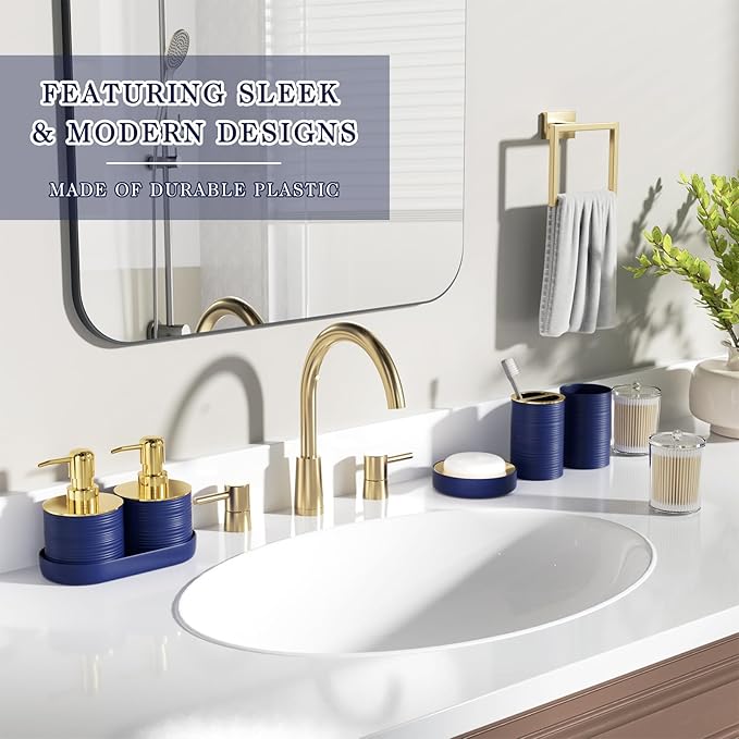 InnJoey Bathroom Set, 10PC Bathroom Accessory Set, Blue Bathroom Accessories, Navy Blue and Gold Bathroom Set with Trash Can, Soap Dispensers