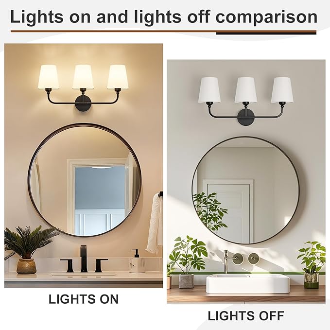 Bathroom Vanity Light, Matte Black Bathroom Light Fixtures, 3-Light Lighting Fixtures Over Mirror, Modern Wall Sconce with Flared White Fabric Shade, E26 Socket(ETL Listed)