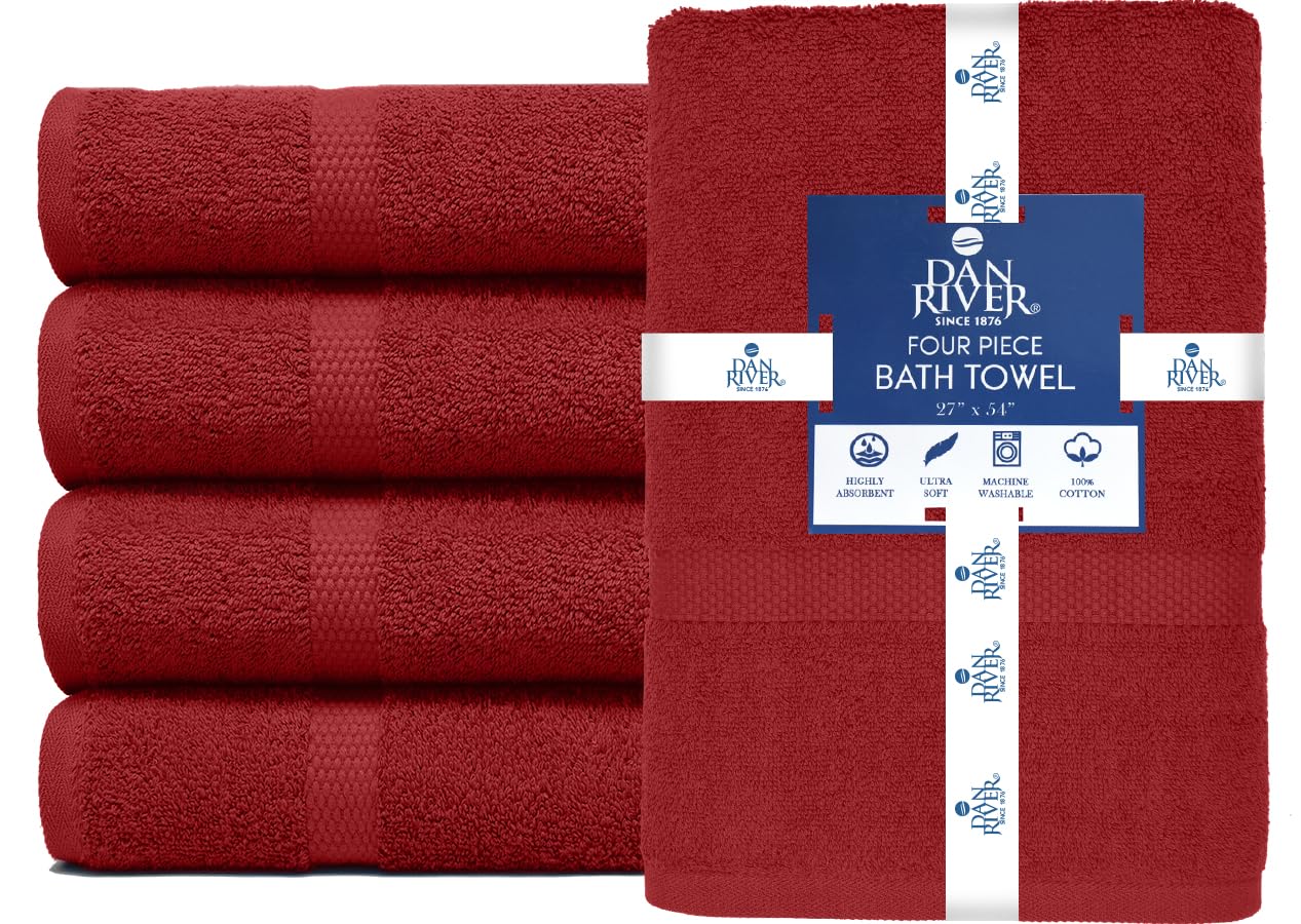 DAN RIVER 600 GSM Cotton Large Bath Towels Set of 4, 27 x 54 Inches, Red