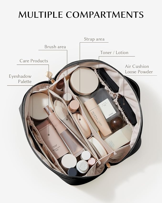 EACHY Travel Makeup Bag, Large Capacity Cosmetic Bags for Women, Waterproof Portable Open Flat Toiletry Bag Make up Bag with Divider and Handle, Gifts for Women