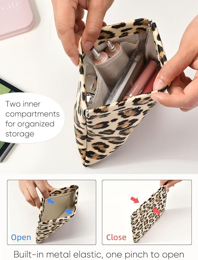 Ksriylm Leopard Leather Small Makeup Pouch for Women,Cosmetic Accessories,Waterproof and Portable Cosmetic Bag,Self-closing, No Zipper, Aesthetic Storage Pouch,Lipstick for Purse,Apricot Color