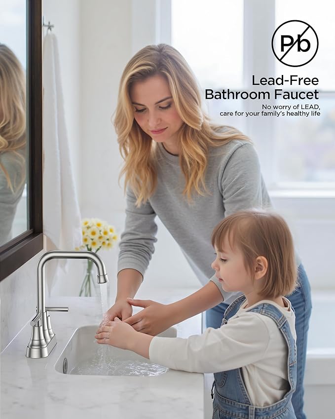 FORIOUS 4 Inch Centerset Bathroom Faucet 3 Hole, 2 Handle Brushed Nickel Faucet for Bathroom Sink with Pop Up Drain Assembly, Lead-Free Sink Faucet for Bathroom Vanity RV