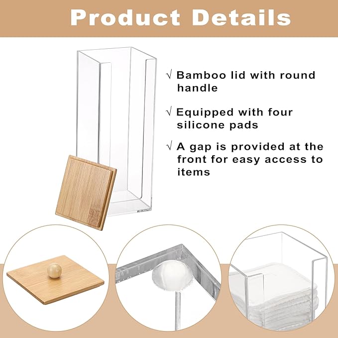 GUSHBIN Acrylic Clean Pad Storage Box Vertical Cotton Pads Holder Square Makeup Pad Dispenser with Lid Clear Bathroom Countertop Vanity Organizer