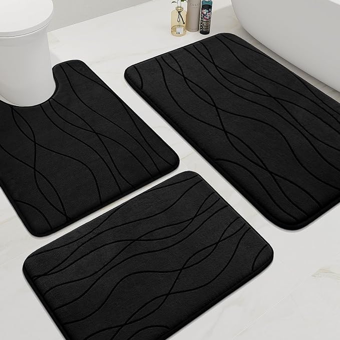 YIHOUSE Bathroom Rugs Set 3 Piece, Memory Foam Bath Mat Black