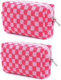 SxoSyo 2 Pcs Checkered Cosmetic Bags, Small Makeup Bag Purse, Pink