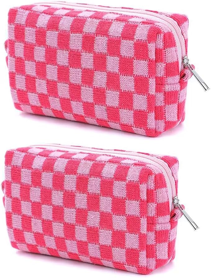 SxoSyo 2 Pcs Checkered Cosmetic Bags, Small Makeup Bag Purse, Pink