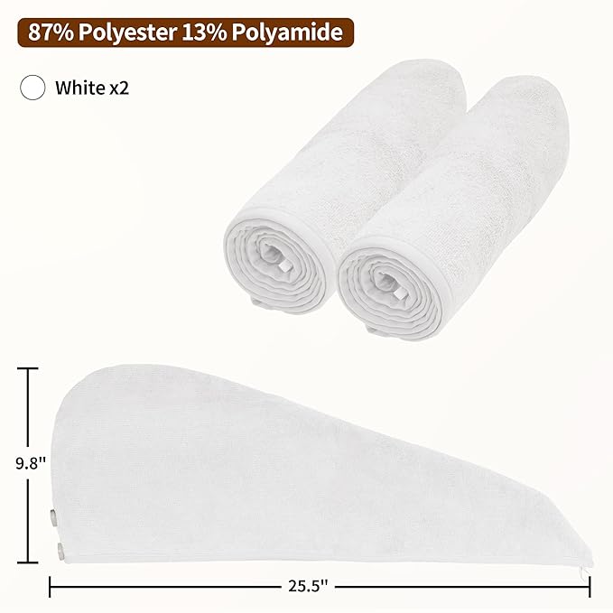 NEXCOVER Hair Towel Microfiber, 2 Pack White 9.8 inch X 25.5 inch Hair Wrap,Ultra Absorbent Hair Turbans,Fast Drying Head Towels for Women Wet Hair,Long,Curly,Thick,Frizzy Hair