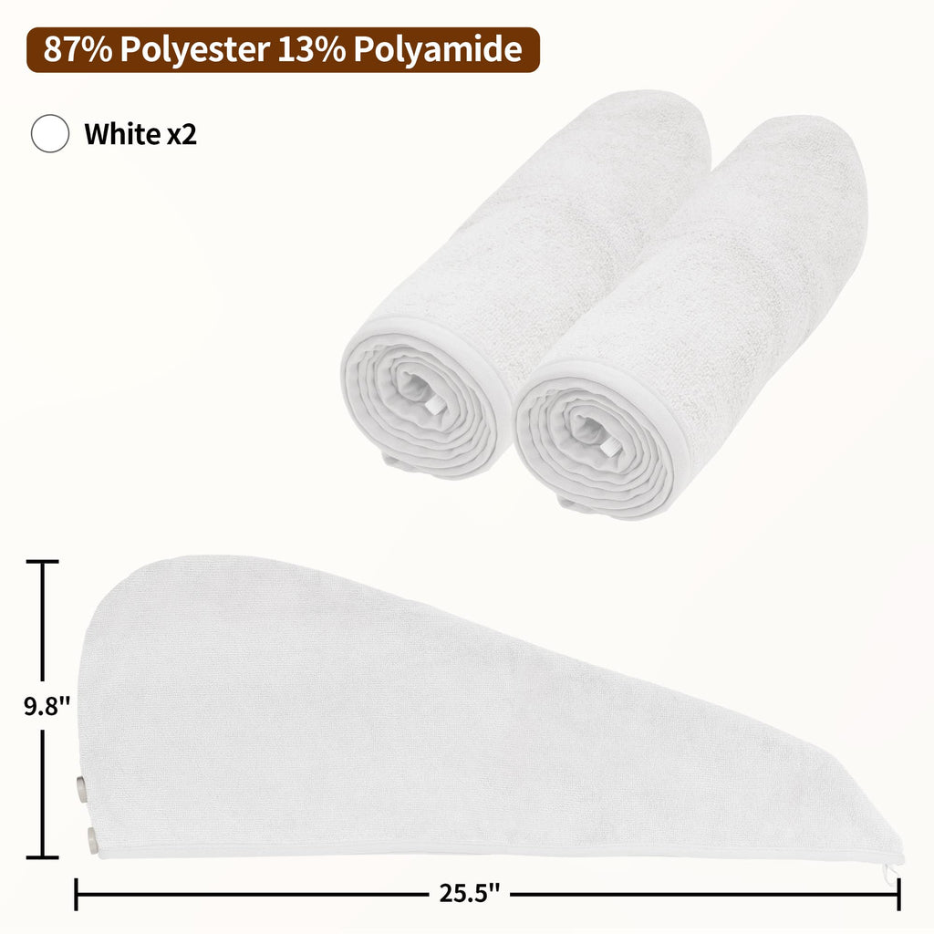 NEXCOVER Hair Towel Microfiber, 2 Pack White 9.8 inch X 25.5 inch Hair Wrap,Ultra Absorbent Hair Turbans,Fast Drying Head Towels for Women Wet Hair,Long,Curly,Thick,Frizzy Hair