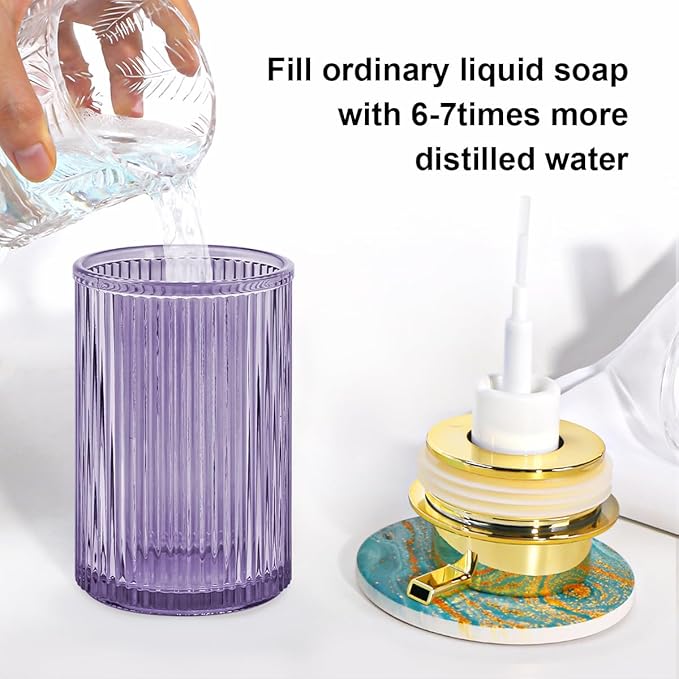Tonxus Foaming Soap Dispenser, 12 Oz Purple Glass Soap Dispenser, Refillable Liquid Lotion Container Foam Gold Pump Bottle Decorative Modern Slim Ribbed Bottle for Bathroom and Kitchen