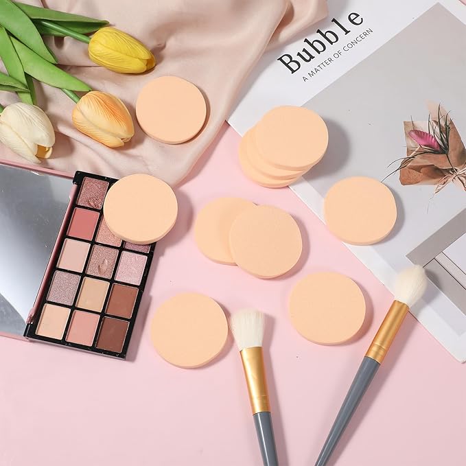 12 PCS Nude Round Makeup Sponge Flat Make Up Sponges Smooth Cosmetic Sponge Facial Powder Puff Eye Foundation Beauty Makeup Pads for Women Lady All Skin Types Wet and Dry Dual Use