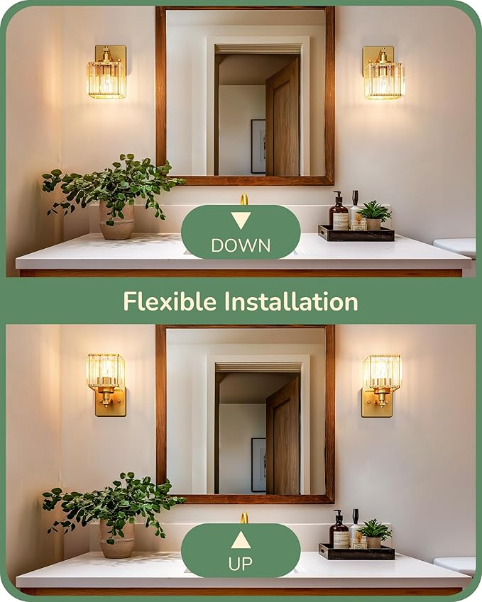 EDISHINE Modern Gold Crystal Wall Sconces Set of 2, Bathroom Vanity Lights