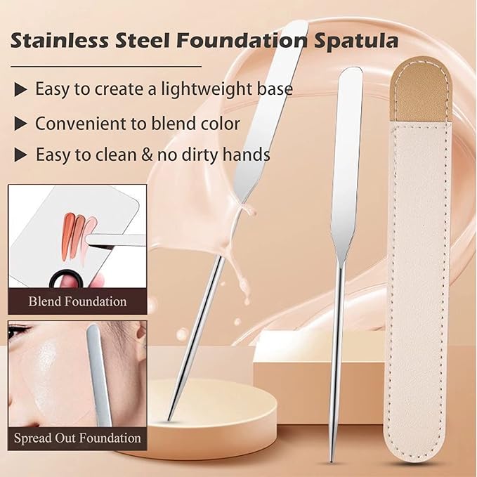 Penugo Picasso Makeup Spatula and Palette Set, Korean Makeup Spatula with Leather Cover, Stainless Steel Palette with Scraper Tool for Cosmetic Pigment Blending（SS）