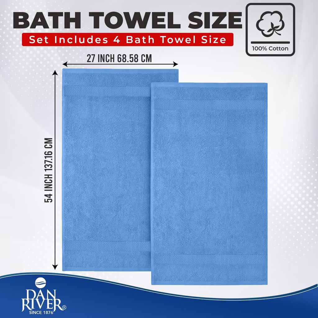DAN RIVER 600 GSM Cotton Large Bath Towels Set of 4, 27 x 54 Inches, M-Blue