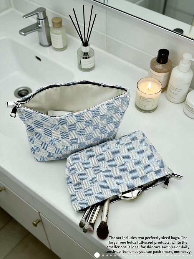 RIKMOXR 2-Pack Blue & White Checkered Makeup Bag Set - Large Capacity Cosmetic Organizer Pouch | Travel Toiletry Bag & Purse Organizer for Women Girls