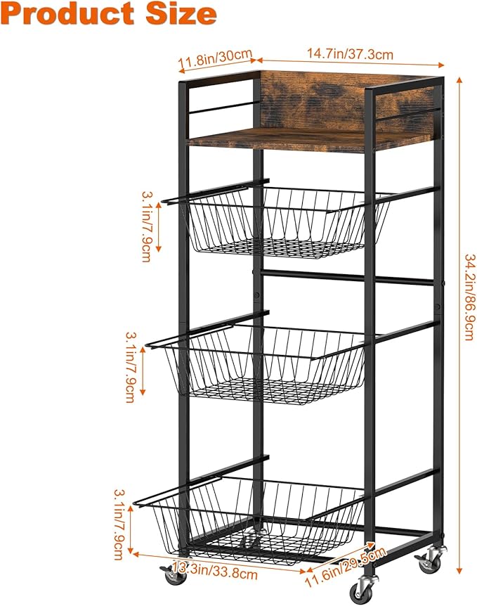 Sunexinlo 4-Tier Kitchen Rolling Cart with 3 Pull-Out Wire Baskets, Wooden Top and 360° Wheels, Narrow Kitchen Storage Cart for Fruit, Vegetable, Pantry, Bathroom, Laundry Room, Rustic Brown