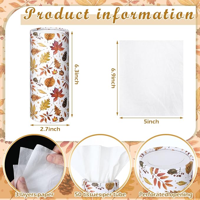 Fourluoo 12 Pack Car Tissue Cylinder Holder Bulk with 3 Ply Facial Tissues, Round Napkin Holders for Cup Holder Cylinder Travel Paper Tubes Bulk Round Napkin Boxes Packs(Maple Leaf)