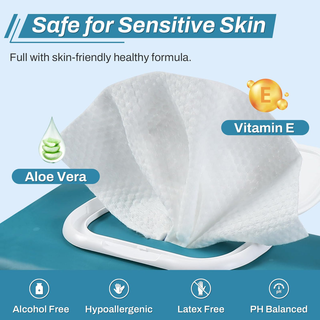 720 Count (12 Packs of 60) Wipes for Adults, 8" x 12" Extra Large Wet Wipes for Incontinence & Cleansing, Disposable Body Shower & Bath Wipes for Elderly Bathing No-Rinse - Vitamin E & Aloe