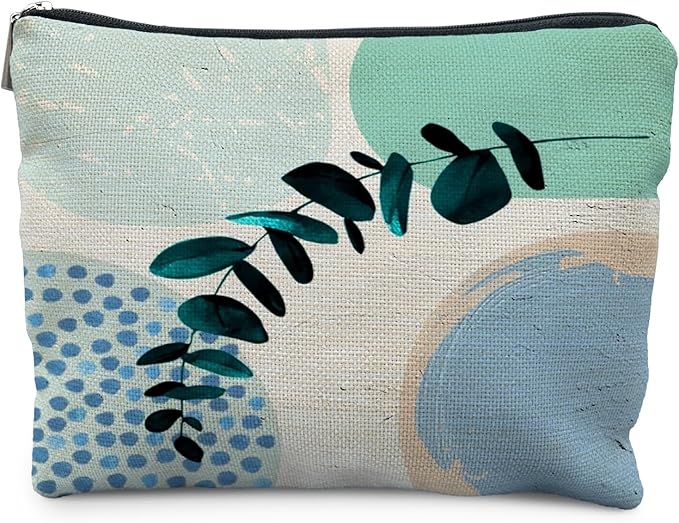 RYYCDOI Abstract Boho Blue and Green Makeup Bag, Trendy Botanical Cosmetic Bags for Women, Boho Gifts for Women, Eucalyptus Leaf Botanical Zipper Makeup Pouch